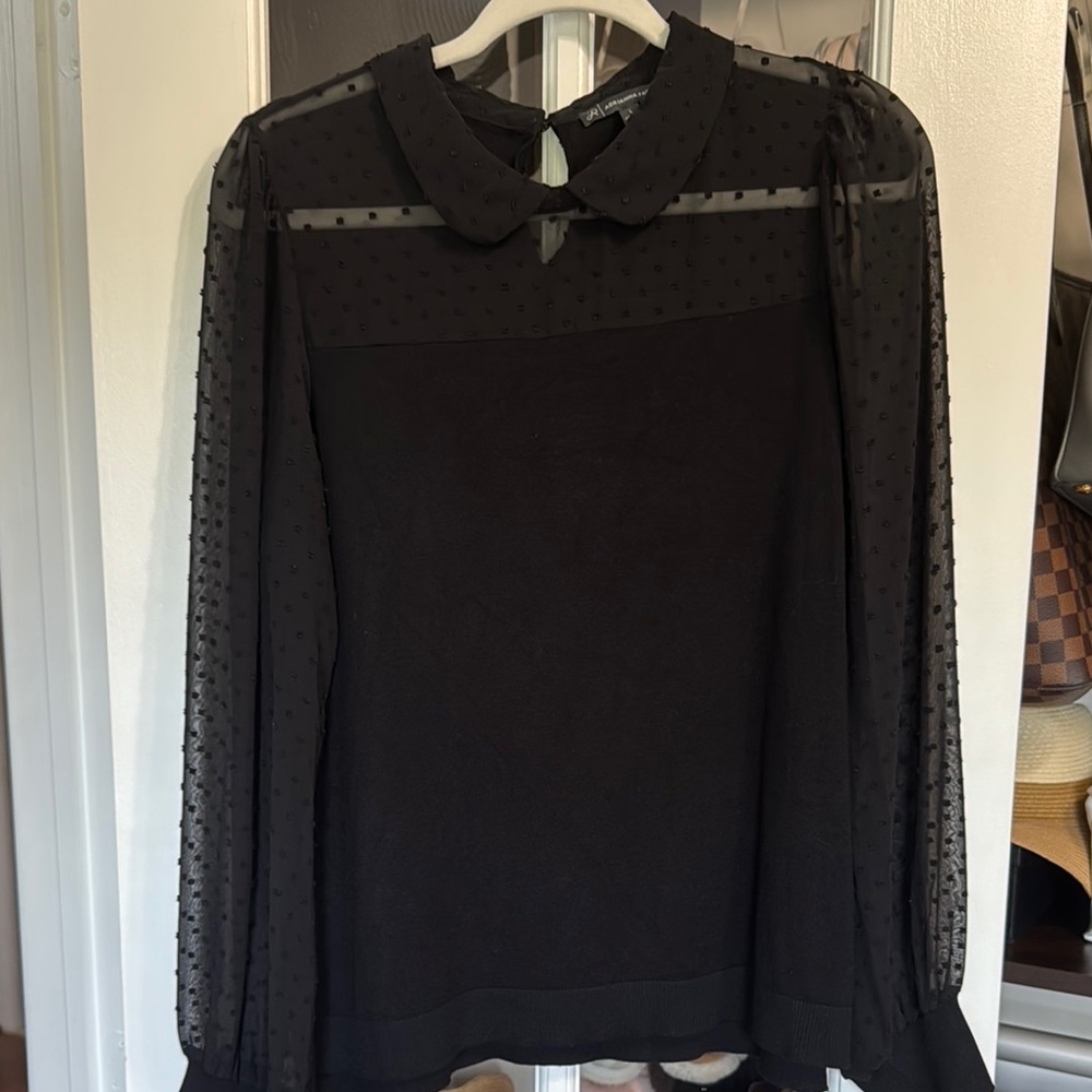 Adrianna Pappel | Black Sweater Top with Sheer Sleeves | Size L